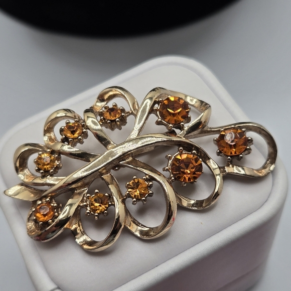 Coro Feather Brooch Vintage Art Deco Era Pin Gold Tone Amber Stones - Picture 4 of 9